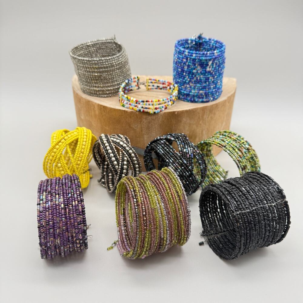 Lot of Ten Colorful Seed Bead Cuff Bracelets, Seed Bead Cuff Bracelets Lot